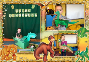 Wojtek, Ignaś i Natalka ze swoimi pracami konkursowymi -w ramce z dinozaurami